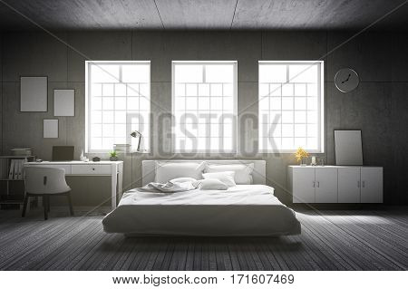 3D rendering : illustration of big spacious bedroom in soft light color.big comfortable double bed in elegant old vintage cement style bedroom .interior design of house cement concrete loft wall