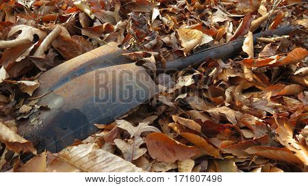 A broken rusted shovel left in the woods