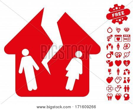Divorce House icon with bonus decoration pictograms. Vector illustration style is flat iconic red symbols on white background.