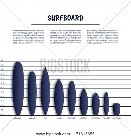 Set of surfboards of different length and destination vector isolated.