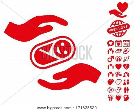 Newborn Care Hands icon with bonus lovely pictograph collection. Vector illustration style is flat iconic red symbols on white background.