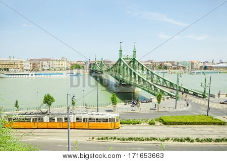 Liberty Bridge Connecting Buda And Pest Across Dunabe River In Budapest, Hungary