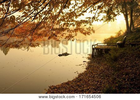 Beautiful autumn landscape scene in sunset at october