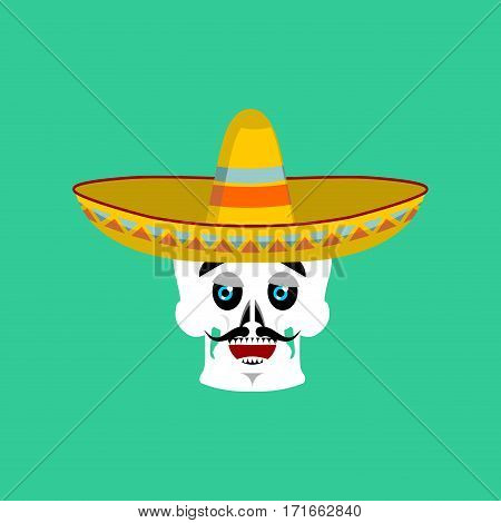 Skull In Sombrero Happy Emoji. Mexican Skeleton For Traditional Feast Day Of The Dead.