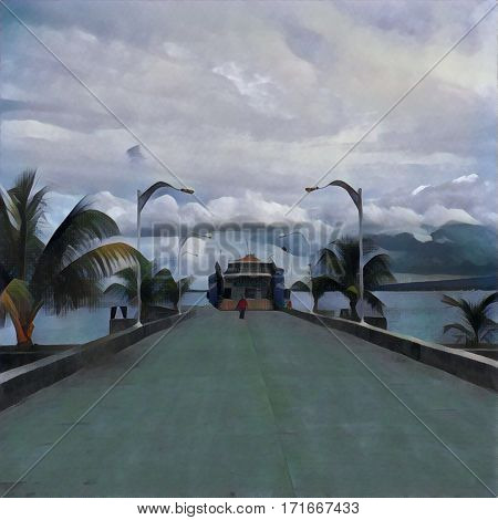Digital illustration - Ferry in port. Tropical island landscape in painting style. Ferry pier with landing road. Fluffy clouds on blue sky. Exotic palm trees. Seaside view. Summer travel wanderlust.