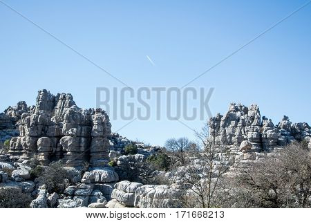 Winter in mountains without snow, Natural Park El Torcal in Andalusia, Spain.