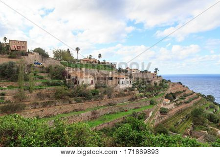 Town Banyalbufar Mountain Panorama And Mediterranean Sea On Majorca, Spain