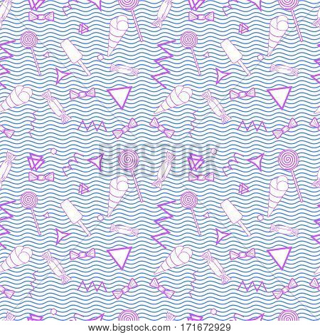 Pink seamless doodle pattern. Background with ice cream candy and geometric shapes on the waves. Creative for print textiles and t-shirts..