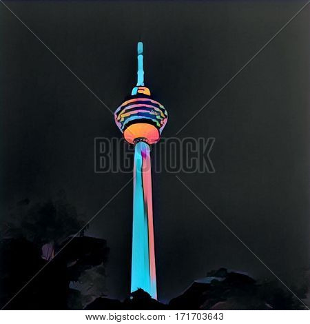 Television tower Minara digital illustration. Kuala-Lumpur sightseens. Neon glowing high modern tower. Tall building in asian city. Lighting in the night. Television broadcasting. Square image