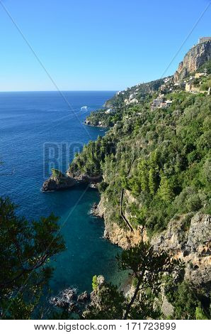 Beautiful scenic views of the Amalfi Coast looking down at the Mediterranean.