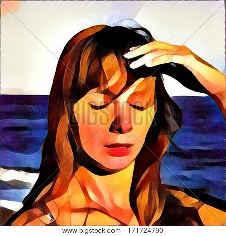 Young woman with heatstroke digital illustration sunstroke on a beach healthy lifestyle on vacation medicine on vacation dangerous sun beach life girl under sun holiday health