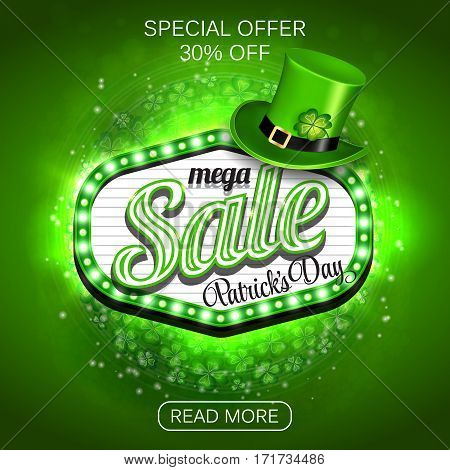 Green Poster, Banner or Flyer design of mega Sale on occasion of St. Patrick's Day celebration. Vector