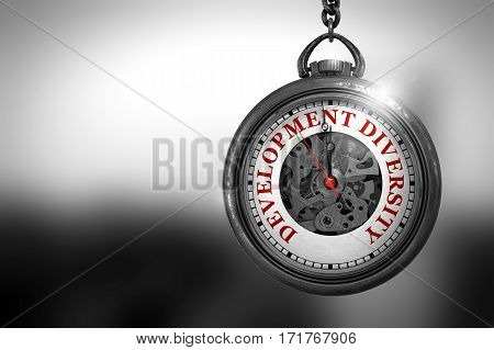 Development Diversity Close Up of Red Text on the Pocket Watch Face. Business Concept: Vintage Watch with Development Diversity - Red Text on it Face. 3D Rendering.