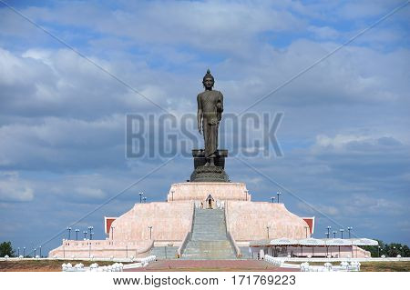 Image Of Buddha Stand Is The Sign Symbol Peace Buddhism And Religion Of Thailand On Blue Sky Cloud B