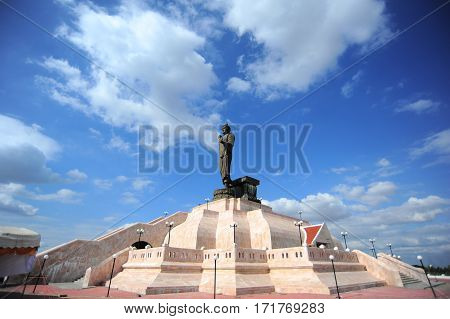 Image Of Buddha Stand Is The Sign Symbol Peace Buddhism And Religion Of Thailand On Blue Sky Cloud B