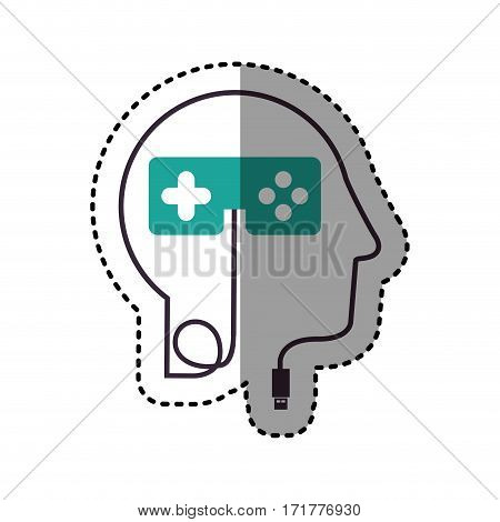 sticker silhouette profile human head with usb connector and control video game vector illustration
