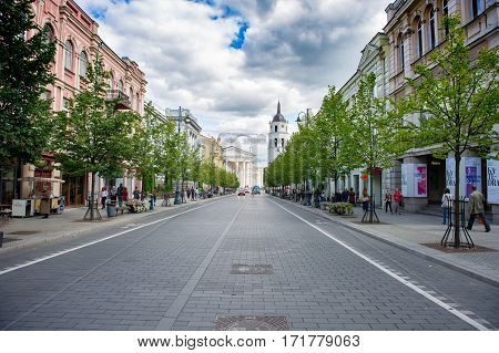 VILNIUS, LITHUANIA - AUGUST 28: Gediminas Avenue on August 28, 2012 in Vilnius, Lithuania. Gediminas Avenue is the main street in Vilnius City centre. It is popular for shopping and dining.