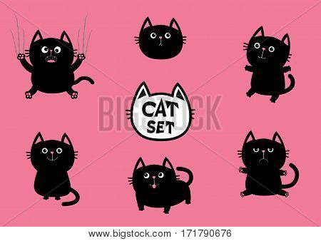 Black fat cat set. Cute cartoon screaming funny character. Nail claw scratch sitting smiling. Excoriation track line. Baby pet collection. Pink background. Isolated. Flat design Vector illustration