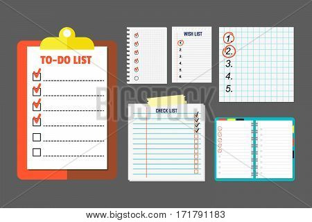 Agenda list concept vector illustration. Business paper clipboard in flat style. Self-adhesive notes color hand article. Important template advice page.