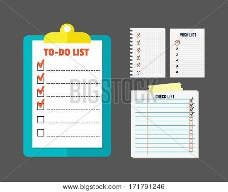 Agenda list concept vector illustration. Business paper clipboard in flat style. Self-adhesive notes color hand article. Important template advice page.