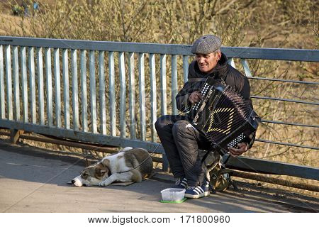 BALASHIKHA/ RUSSIA - APRIL 13. Street musician playing the accordion with the dog on the bridge on April 13, 2014 in city Balashikha, Moscow region, Russia.