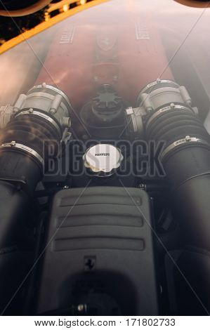 Ferrari show 8 october 2016 in Valletta Malta. Engine of red Ferrari F430 near Grand Hotel Excelsior