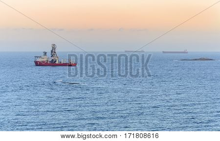 VITORIA BRAZIL -DECEMBER 25 2016 ; Brazilian pipe-laying vessel Seven Cruzeiro near the Port of Vitoria Brazil.