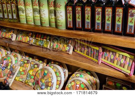 Kumluca, Turkey - June 20.2014. Olive oil and traditional sweets in the shop