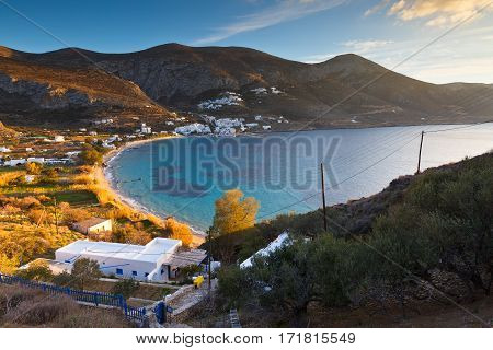 View of the Aegiali village over the sea, Amorgos island.