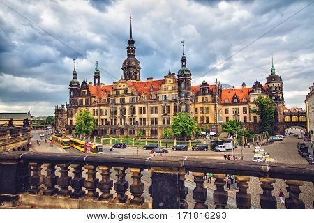 DRESDEN GERMANY - JUNE 7 2012: Old town of Dresden before storm View from Dresden art gallery