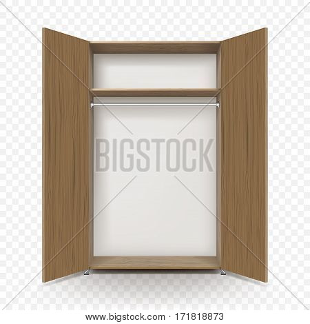 Empty open wooden wardrobe isolated on transparent background