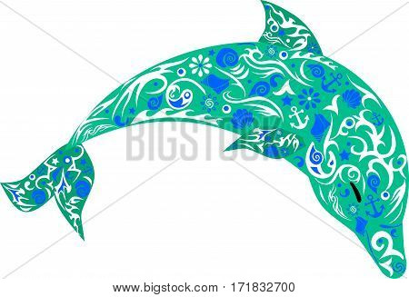 dolphin in the jump, a marine animal, the drawing on fish, vector illustrations which is jumping up a mammal, the sea of fauna, a wild animal, attracting the picture, sea shells, a pattern with flowers