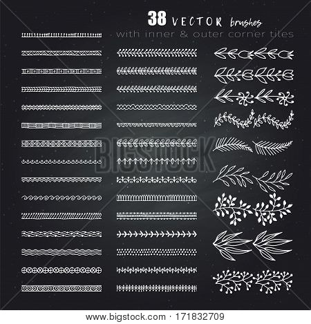 Vector Decorative Scribble Paintbrushes with Inner and Outer Corners. Hand Drawn Ink Brushes. Seamless Whimsical Borders for Patterned Frames.