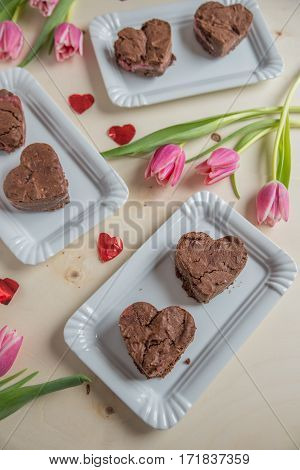 Heart Shaped chocolate Brownie on a plate