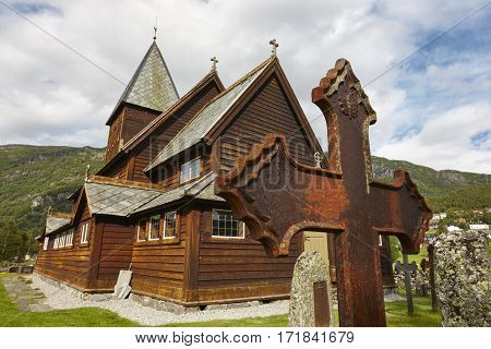 Norwegian stave church. Roldal. Historic building. Norway tourism highlight. Horizontal
