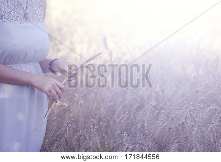 Woman hold what in hand at summer sunset