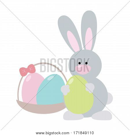Cute cartoon easter bunny holding an egg. Nearby stands a basket with eggs