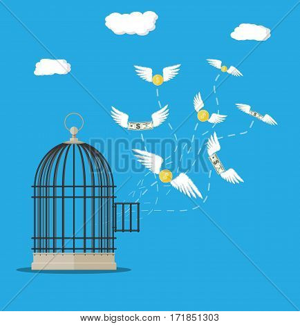 Open cage with flying dollar bills and coins. Losing money concept. Vector illustration in flat style