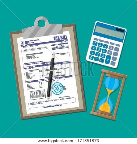 Clipboard with tax declaration paper document, pen, calculator, sand clocks. Tax day, deadline. Vector illustration in flat style