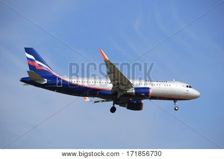 Amsterdam the Netherlands - July 21st 2016:VP-BJY Aeroflot - Russian Airlines Airbus A320 approaching Polderbaan runway at Schiphol Amsterdam Airport arriving from Moscow Russia