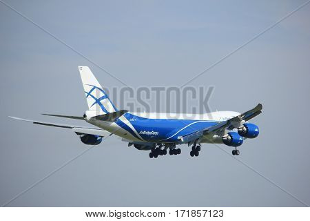 Amsterdam the Netherlands - July 21st 2016:VQ-BGZ AirBridgeCargo Boeing 747 approaching Polderbaan runway at Schiphol Amsterdam Airport arriving from Moscow Russia