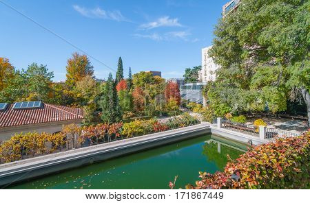 Bright sun shines on algae green water in storage reservoir.   Beautiful trees & gardens it supplies if full color.  Urban park setting in Madrid.  Rooftop part of Prado Museum.  Park benches in quiet semi-circular setting.  Wrought iron safety fence.