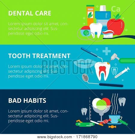 Modern flat design vector illustration concepts of dental care bad habits and tooth treatment for graphic and web design