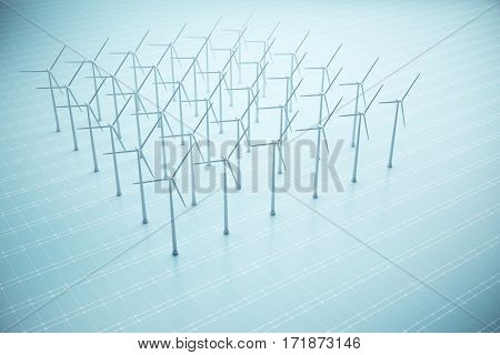 Square of windmills on blue mesh background. Sustainbility concept. 3D Rendering