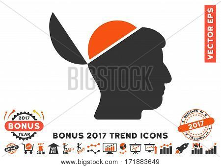 Orange And Gray Open Brain pictograph with bonus 2017 year trend symbols. Vector illustration style is flat iconic bicolor symbols white background.