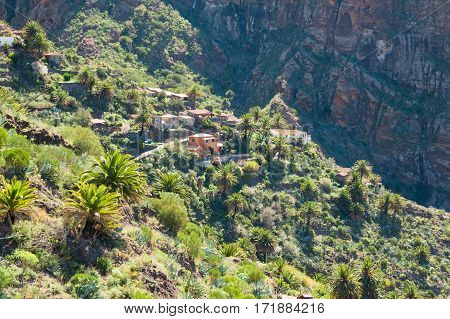 View on Masca village in the rainy day on Tenerife Canary Islands Spain