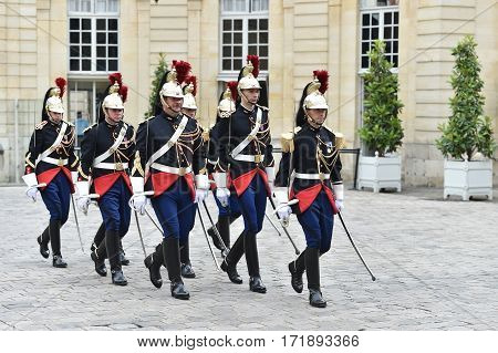 PARIS FRANCE - JUNE 10: Hotel Matignon Republican Guards of honor during a welcome ceremony on JUNE 10 2016 in Paris. Matignon is the official residence of the Prime Minister of France.
