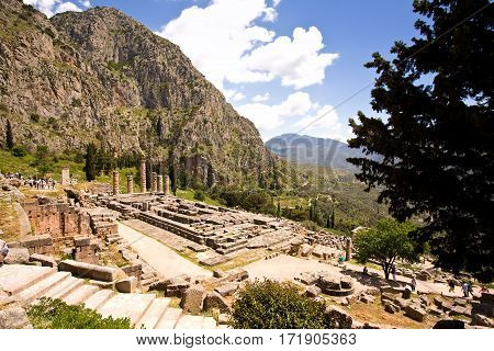 Sanctuary of Apollo at Delphi, Greece. An ancient, sacred temple. Sits on the side of Parnassos mountain.