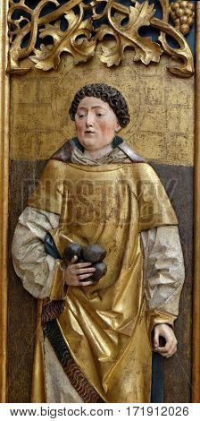 ZAGREB, CROATIA - FEBRUARY 17: Saint Stephen, the end of the 15th century, from the Church of St. Vitus in Vrbovec, exhibited in the Museum of Arts and Crafts in Zagreb, on February 17, 2015.