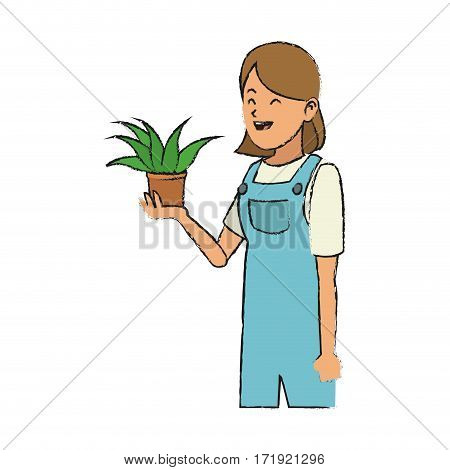 gardener woman with a plant in a pot over white background. colorful design. vector illustration